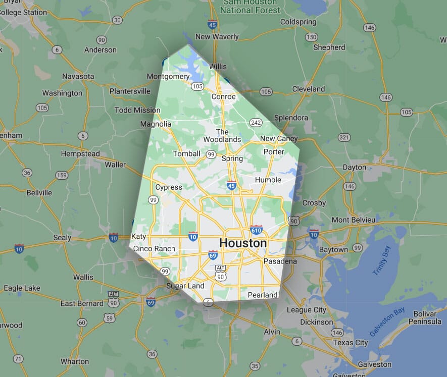 service area map All Over Exterior Roofing Houston